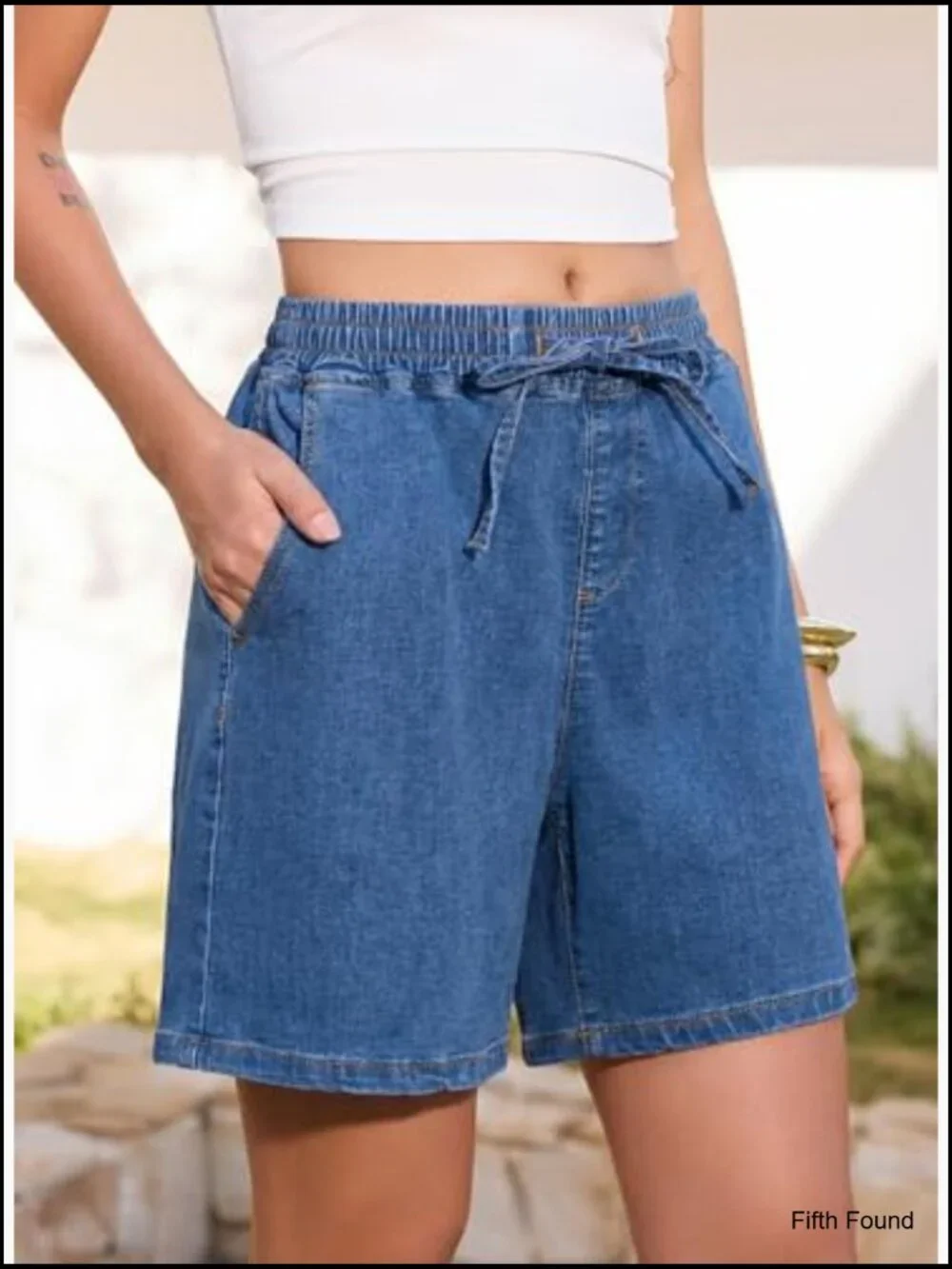 High Waisted Stretchy Denim Shorts with Drawstring Elastic Waist Baggy Summer